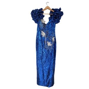 Vintage Alyce Designs Blue Sequin Puff Sleeve Dress